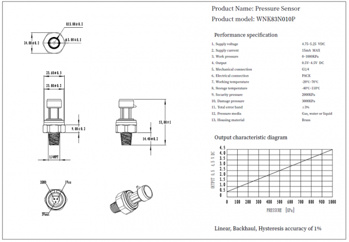 Transmisor capacitivo de cerámica de cobre amarillo del sensor de la presión 0.5-4.5V del bajo costo para el agua del gas de aire