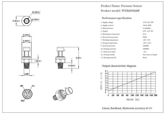 Transmisor capacitivo de cerámica de cobre amarillo del sensor de la presión 0.5-4.5V del bajo costo para el agua del gas de aire